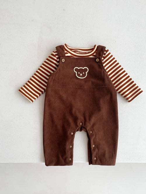 Baby Latzhosen-Set mit Bärenkopf aus Cord - Unisex